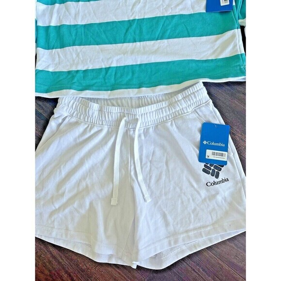 Columbia Women’s Sweatshirt & Shorts Lounge set 2 pieces  aqua green/white - Picture 3 of 12
